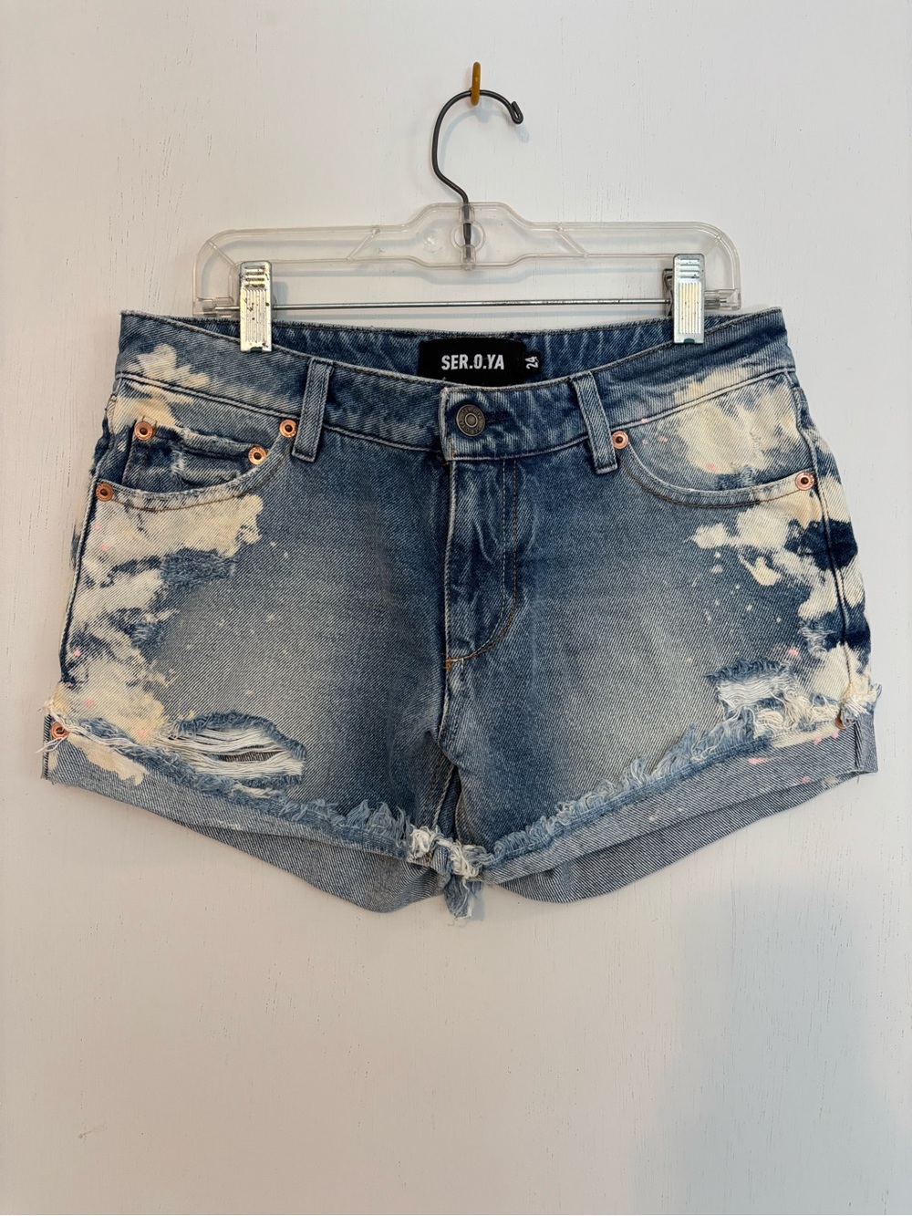 SER.O.YA Distressed Bleach Splatter Denim Shorts Cutoff Jean Shorts Size 24